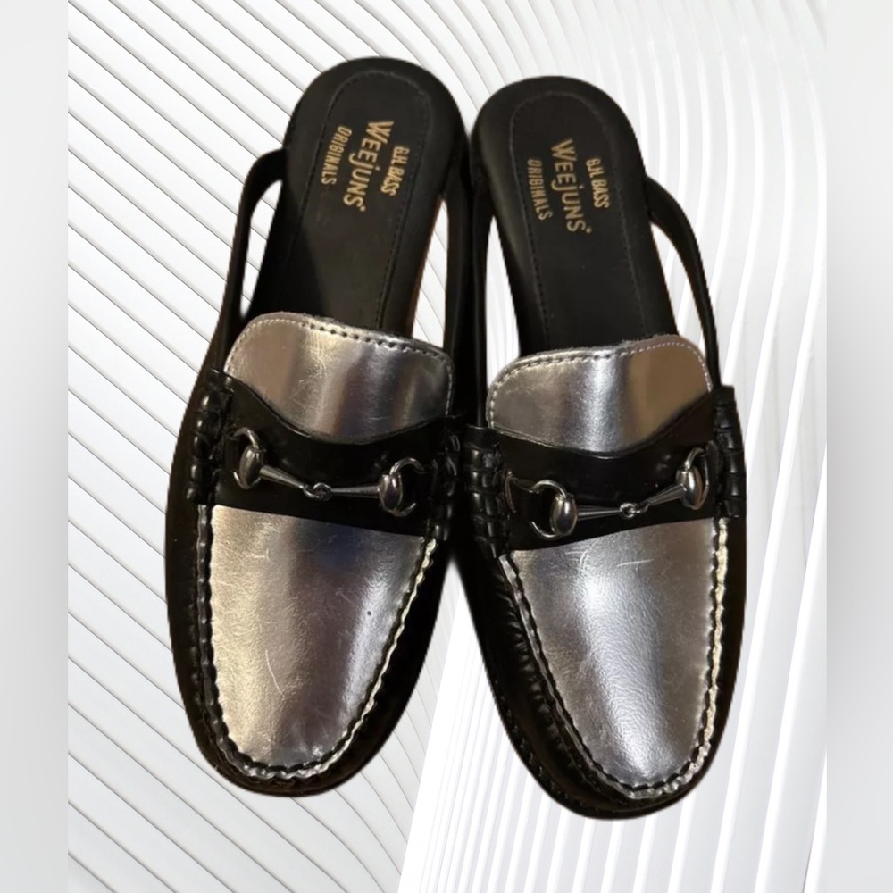 G.H. Bass Weejuns Metallic Silver & Black Leather Slipon Mules Horsebit SZ 6.5